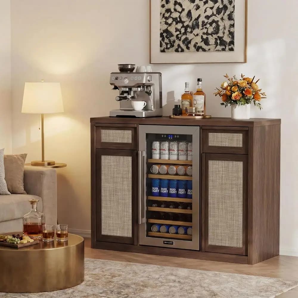 Mini Ridge Space Coffee Bar Cabinet with Wine Storage, Adjustable Shelving, Solid Wood Handles, and Wine Glass Holder