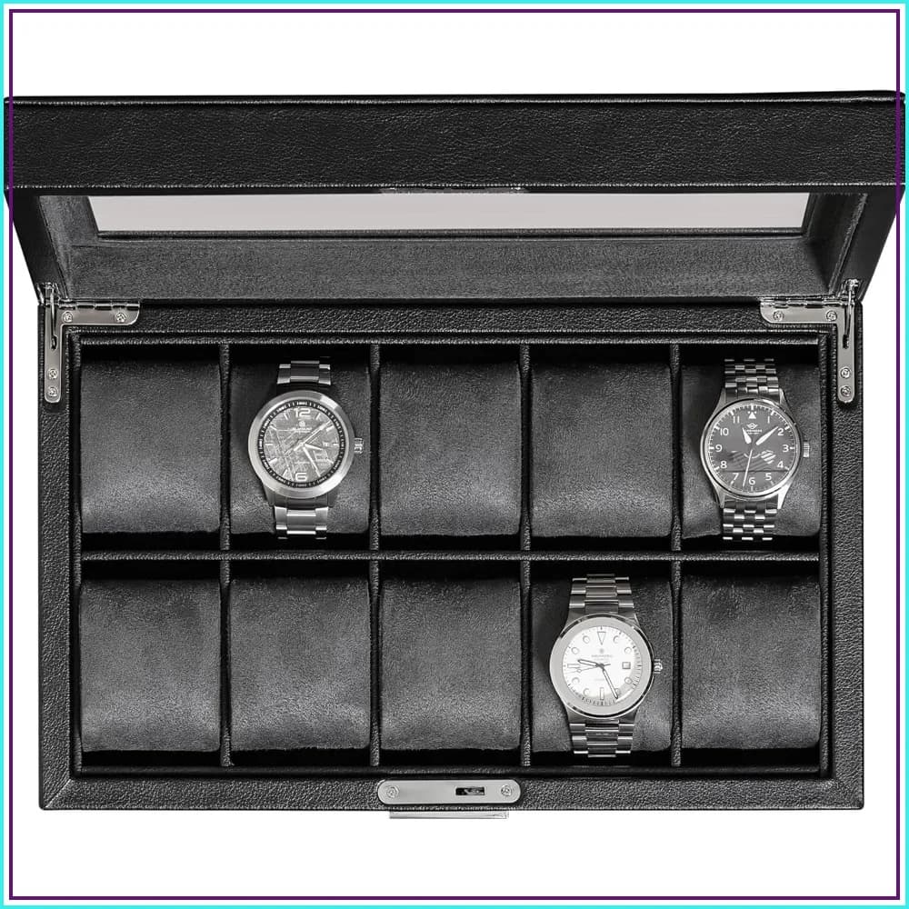 10 Slot Locking Leather Watch Box with Glass Top - Luxury Watch Case Display Organizer for Men and Women