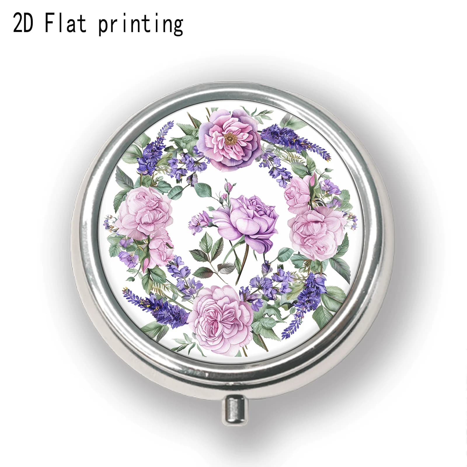 1 Piece, Flatbed Printing, Round Box, Complete Purple and Pink Peony and Lavender Wreath Pattern, Soft Pastoral Watercolor Style, Portable Metal Box, Round Pocket Box, Pocket Box, Metal Jewelry Box, Vitamin Storage Box