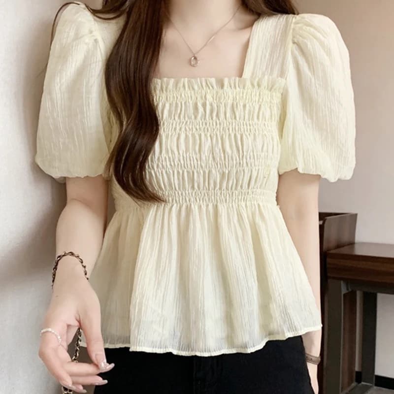 Elegante Camicetta da Donna in Chiffon con Colletto Quadrato, Estiva, con Volant e Vita Arricciata, Maniche a Lanterna Corte, Top Tinta Unita Versatile