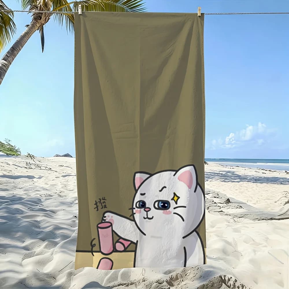 Asciugamano 2D piatto, 1 pezzo, con gatto bianco e personaggio sorridente - Morbido asciugamano in microfibra adatto per piscina, yoga, viaggi