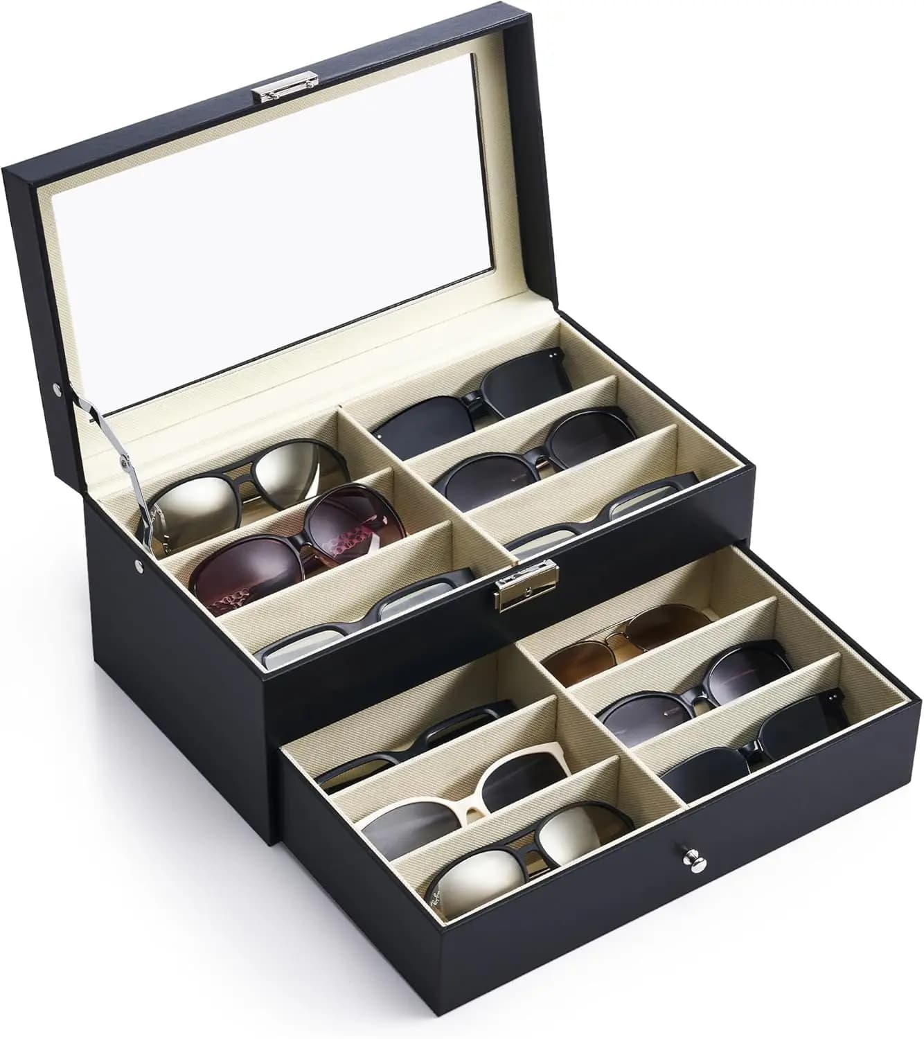 Sunglasses Organizer with 12 Slots, Multiple Eyeglasses Eyewear Display Case for Women Men, 2 Story Leather Multi Sunglasses Jew