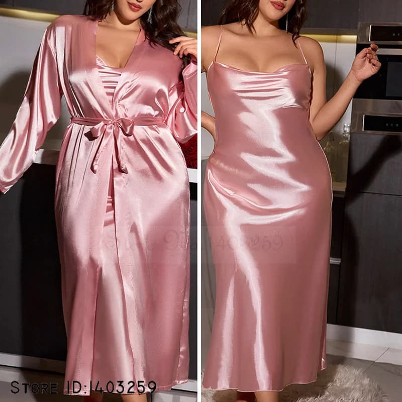 Abito lungo da sposa sexy Abito taglie forti Kimono Accappatoio Abito da notte Casual Homewear Pigiama Camicia da notte in raso rosa Lingerie