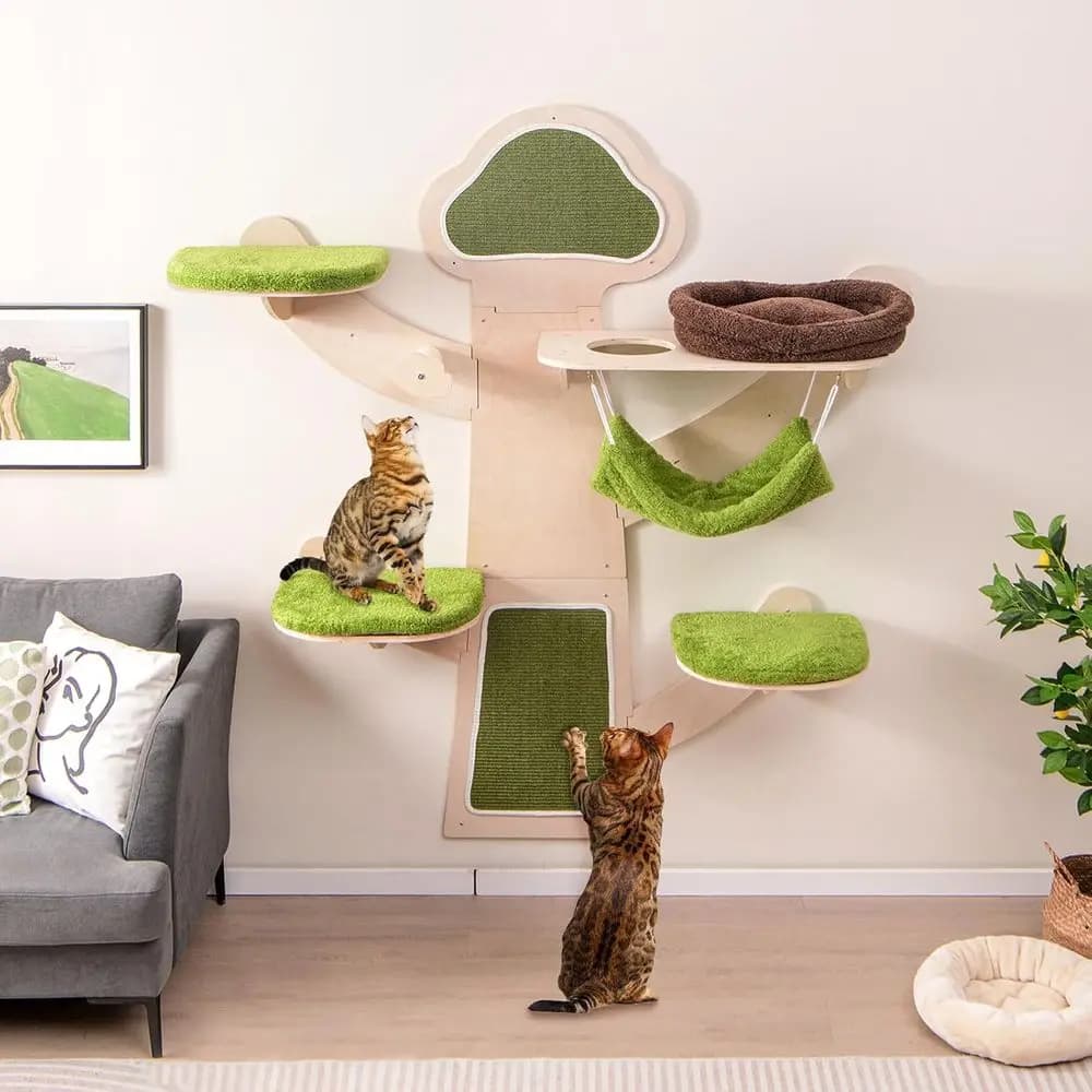 Tangkula Mensole da parete per gatti, albero per gatti in legno montato a parete con amaca, letto, foro, tappetini antigraffio e palo, verde rimovibile e era
