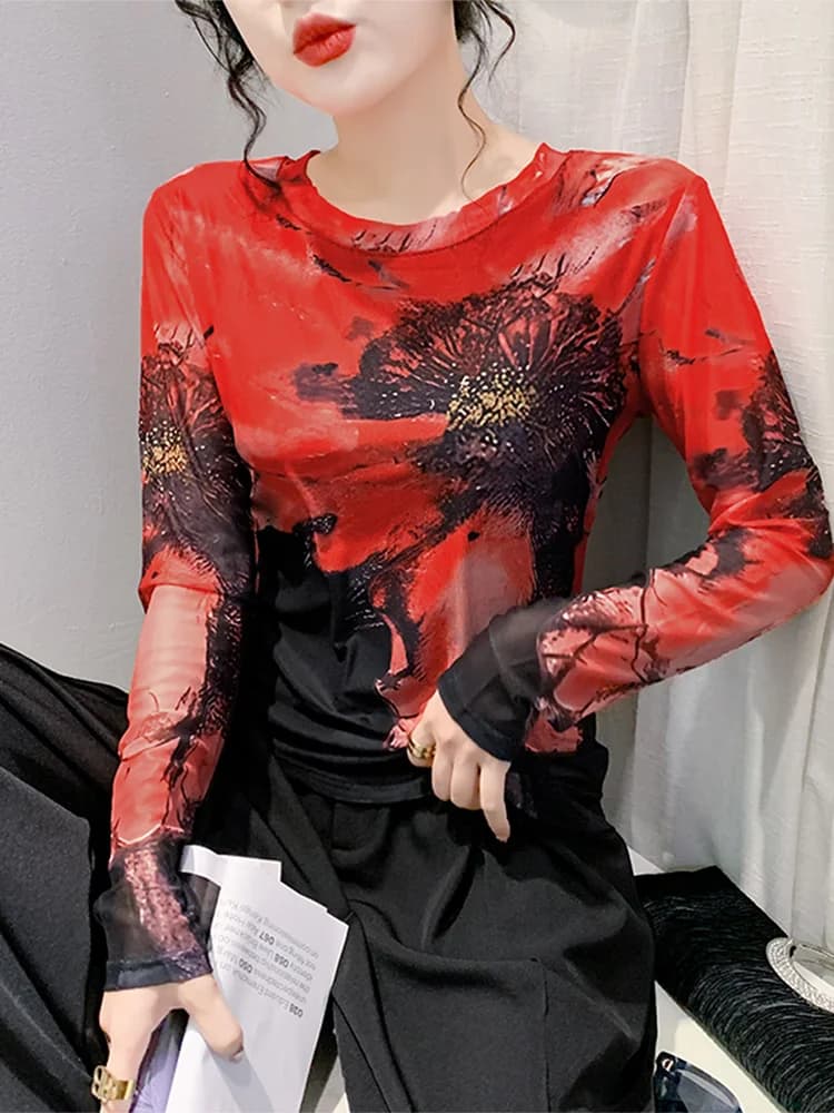 Sexy Long Sleeve Tie Dye Mesh T-Shirt Women's Slim Fit Printed Top Fashionable Anti Aging Base Shirt Autumn New Arrival