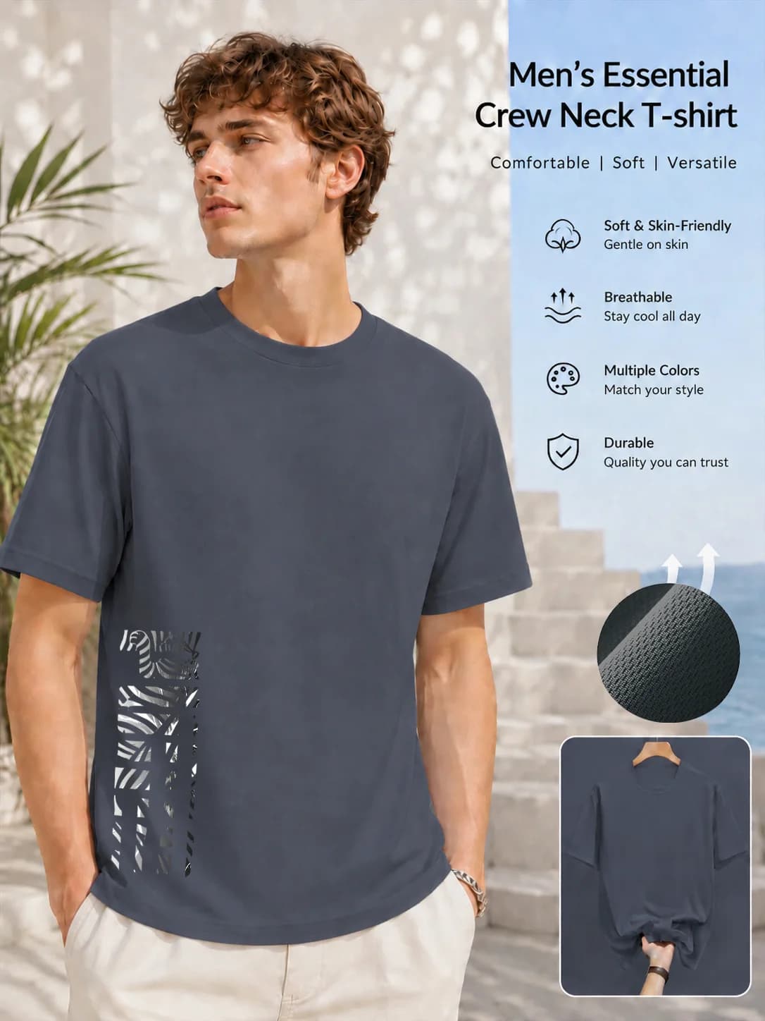 Fashionable men's summer gray white letter print comfortable breathable round neck T-shirt outdoor casual top