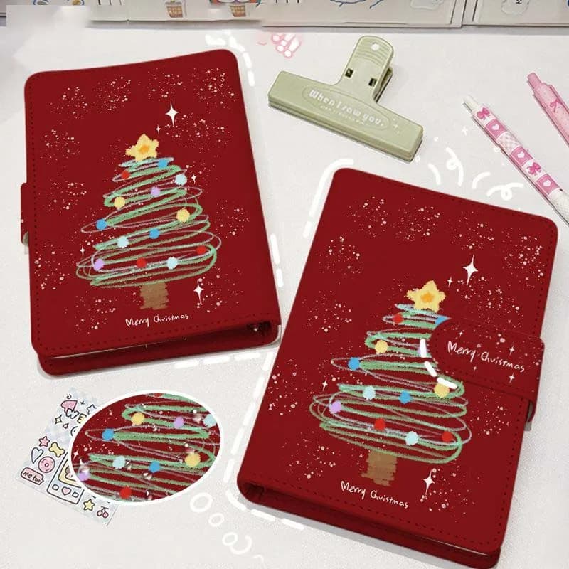 Kawaii Christmas Tree Print Loose Leaf Binder Notebook Detachable PU Cover Journal for Student Scrapbook Planner Xmas Stationery