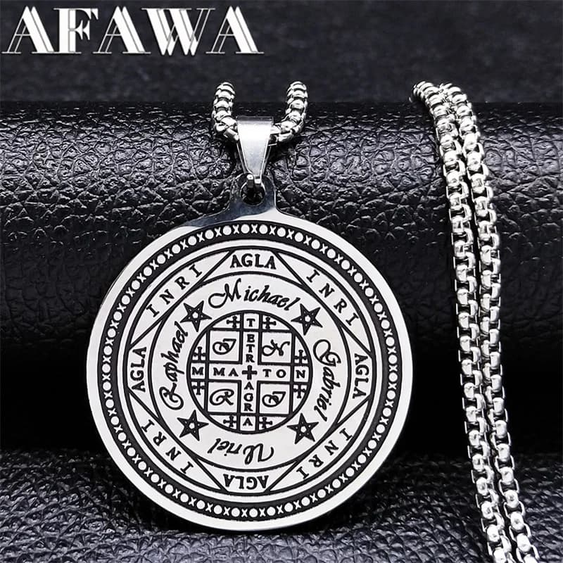 Magic Talisman Stainless Steel Necklace Wheel of Fortune (Agla-INRI) Protection of Angel Silver Color Necklace Jewelry N2832S02