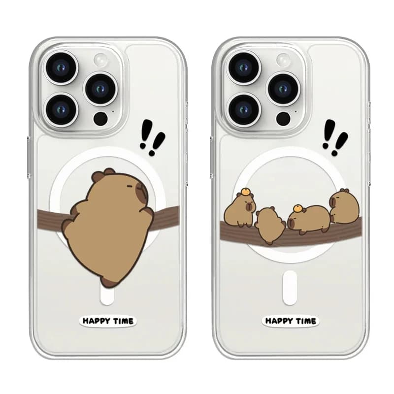 Coppia di Capibara Divertenti che si Arrampicano sull'Albero, Adorabile Cover per iPhone 17 16 15 14 13 12 11 Pro Max Plus MINI Compatibile con MagSafe