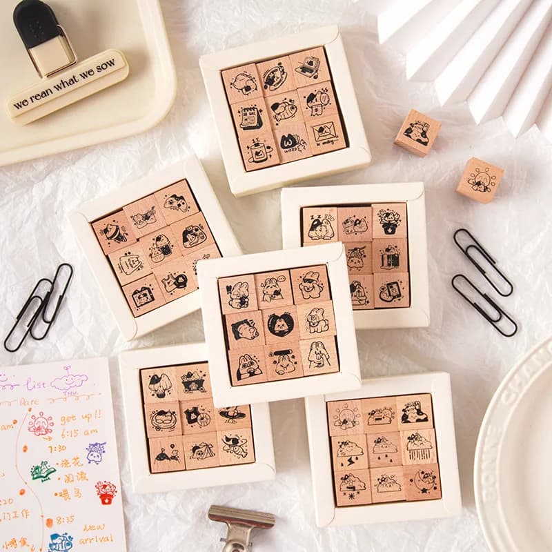 Time Record Wooden Seal Set DIY Handbook Diary Printing Cartoon Animal Weather Handbook Seal Craft Supplies Stamps