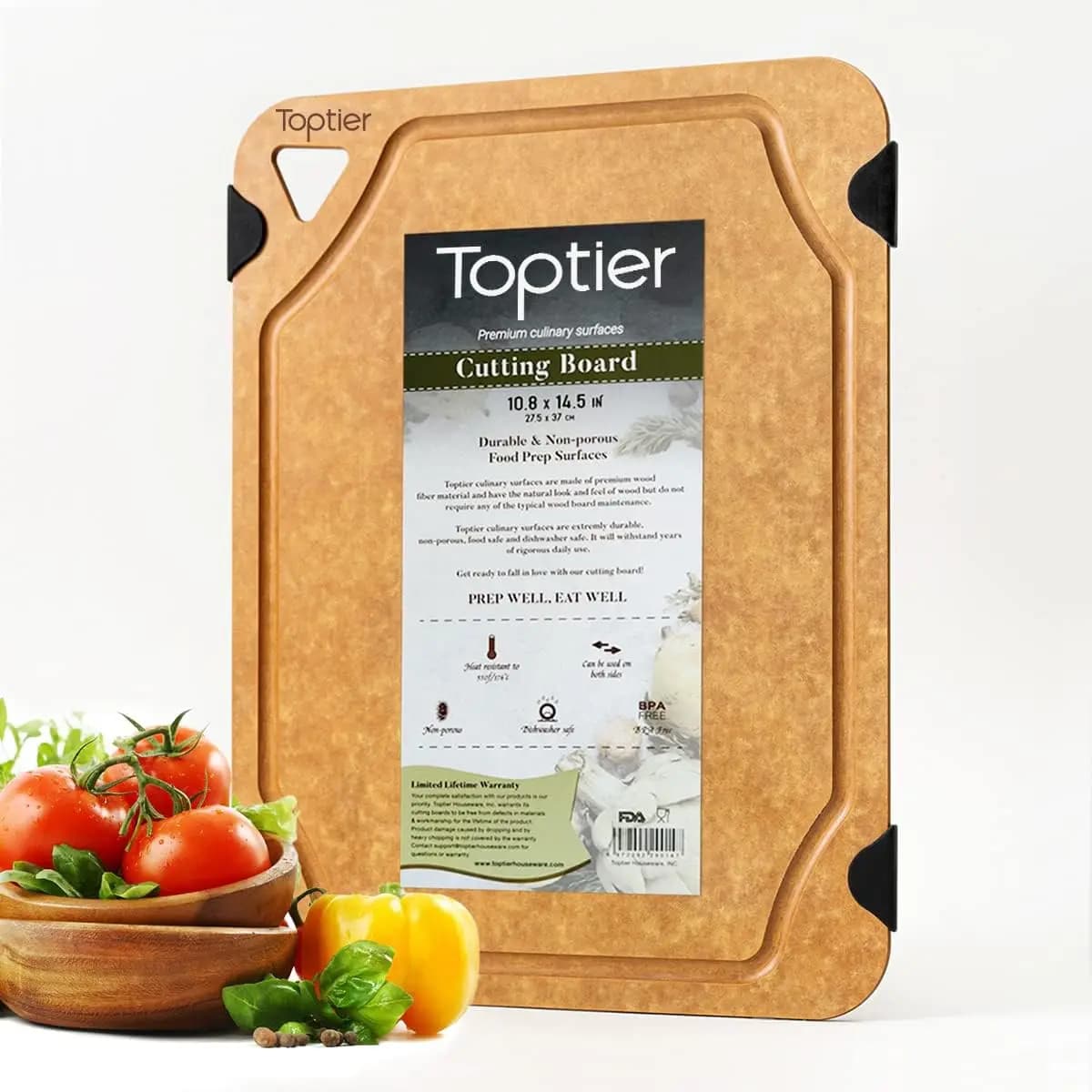 Tagliere in Fibra di Legno Ecologico, Antiscivolo e Reversibile, Finitura Naturale, 14,5 x 11 Pollici, Misura Media