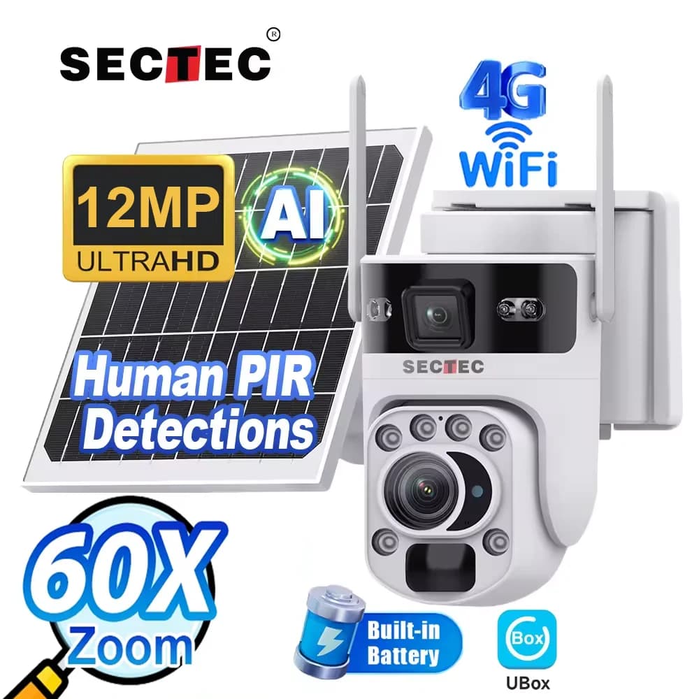 Sectec Zoom ottico 60X Doppio schermo Telecamera solare 4G 12MP WiFi PTZ Sicurezza Rilevazione PIR Telecamere di sorveglianza con tracciamento automatico