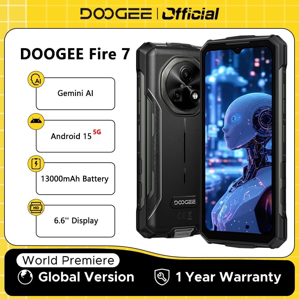 DOOGEE Fire 7 5G Telefono robusto Gemini AI 13000mAh Batteria 6.6 ''Display 64MP Fotocamera Dimensity 6300 Android 15 Smartphone NFC