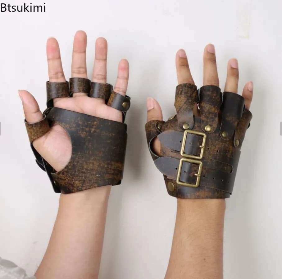 Guanti senza dita Steampunk in ecopelle Vintage medievale cavaliere vichingo cinturino in pelle cintura in vita costume cosplay mantello puntelli