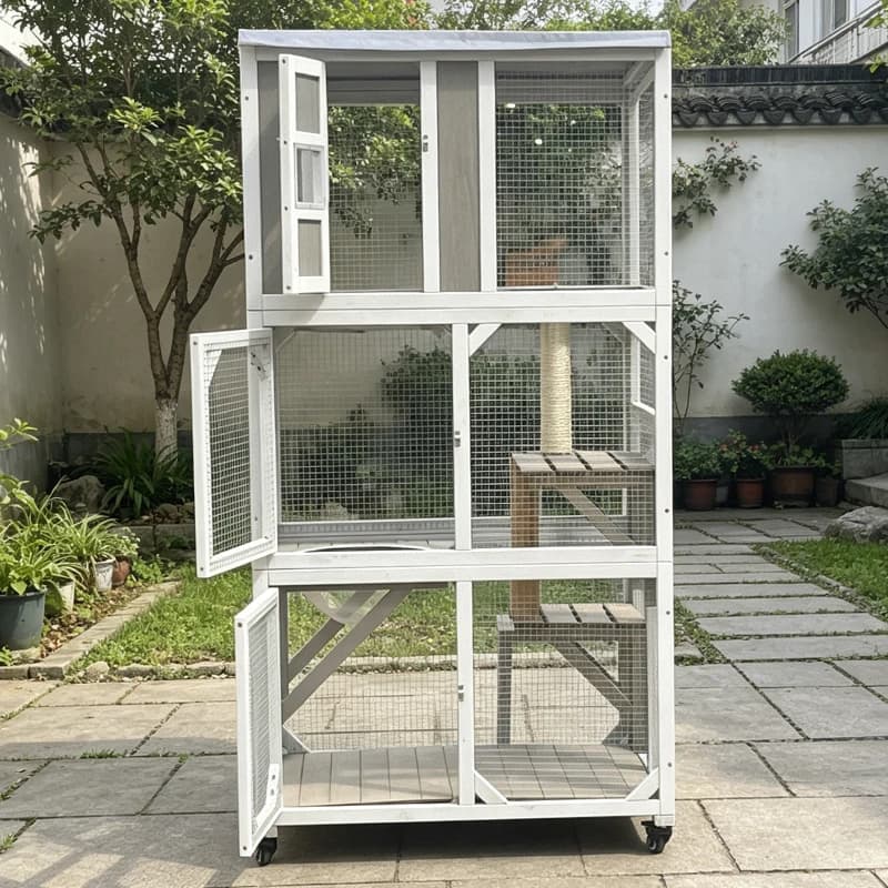 Wholesale Large Space Pet Cage Wooden Outdoor Waterproof Cat Villa House With Cat Scratching Board Cat Cage With Plastic Bed