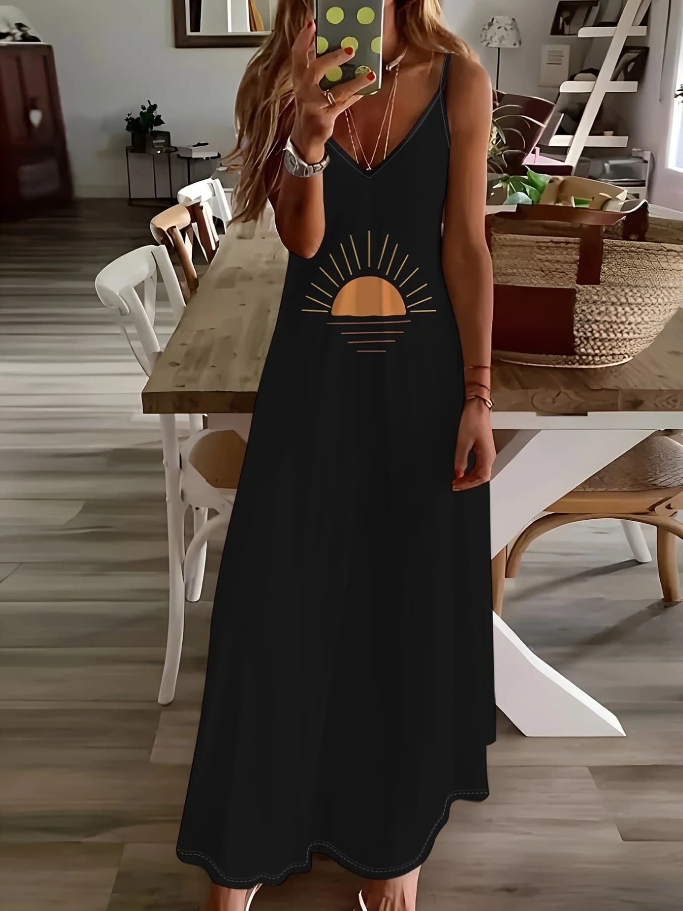 Black Summer Dress for Women Casual Vacation Dress with Sunrise Print Flowy Sleeveless Midi Dress Beach Party Outfit