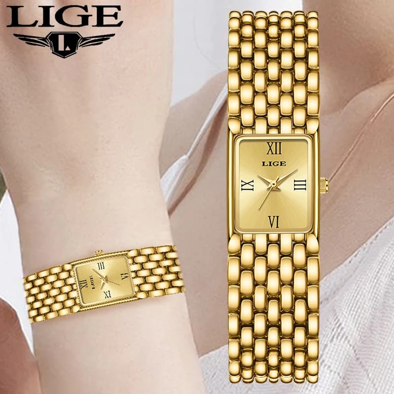 LIGE 2025 New Gold Women's Watch Luxury Quartz Bracelet Stainless Steel Fashion Retro 30M Waterproof Watch for Women Reloj