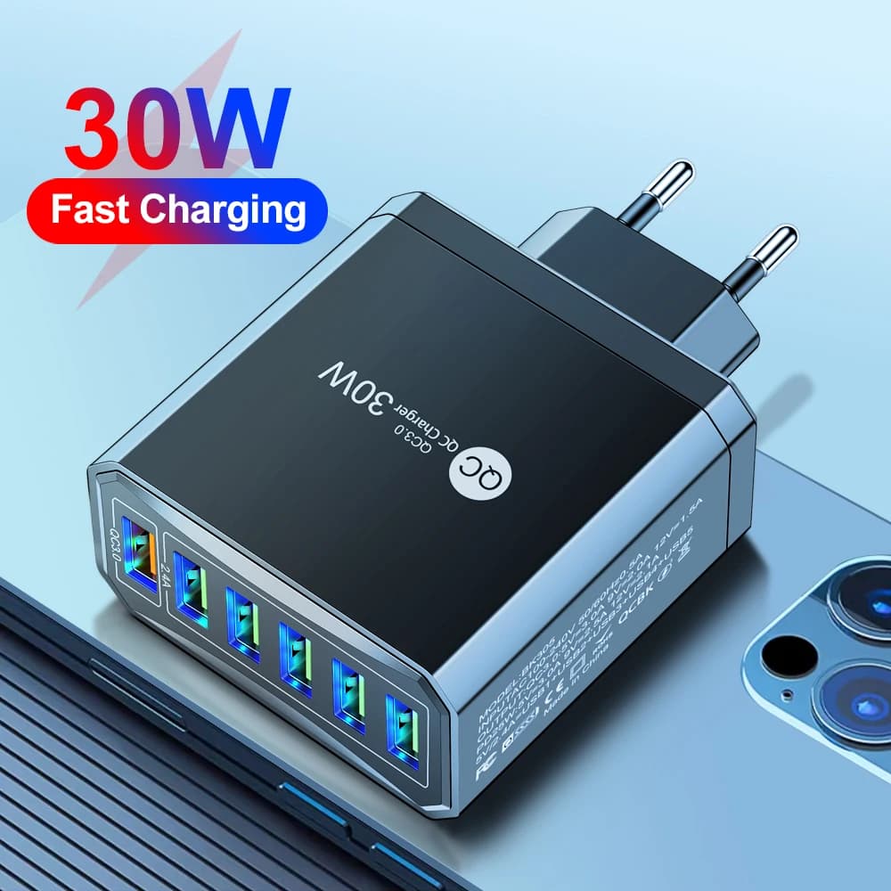 Caricatore USB QC3.0 da 30W 6 IN 1 Caricatore rapido per telefono Adattatore di ricarica con spina EU/US/UK/KR Caricatore da muro per iPhone Xiaomi Samsung Huawei