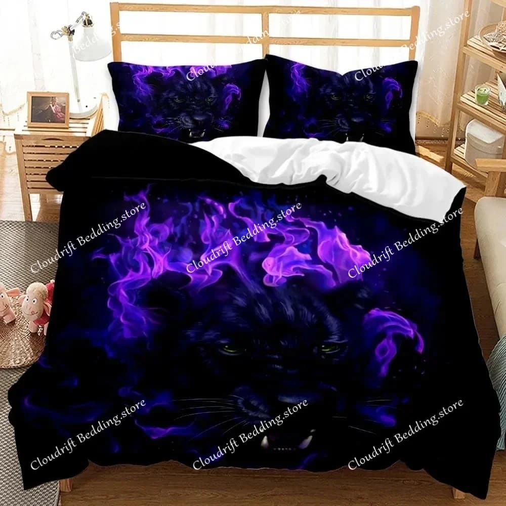 3D Black Panther Duvet Cover Set Kids Boys Girls Comforter Cover Blue Fire Wild Animal Polyester 3PCS Fashion Bedding Set