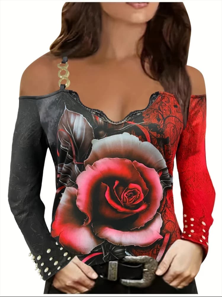 GELITAYIN T-shirts with chain lace printed pink sexy shirt long sleeves Fashion Slim Autumn Spring Top