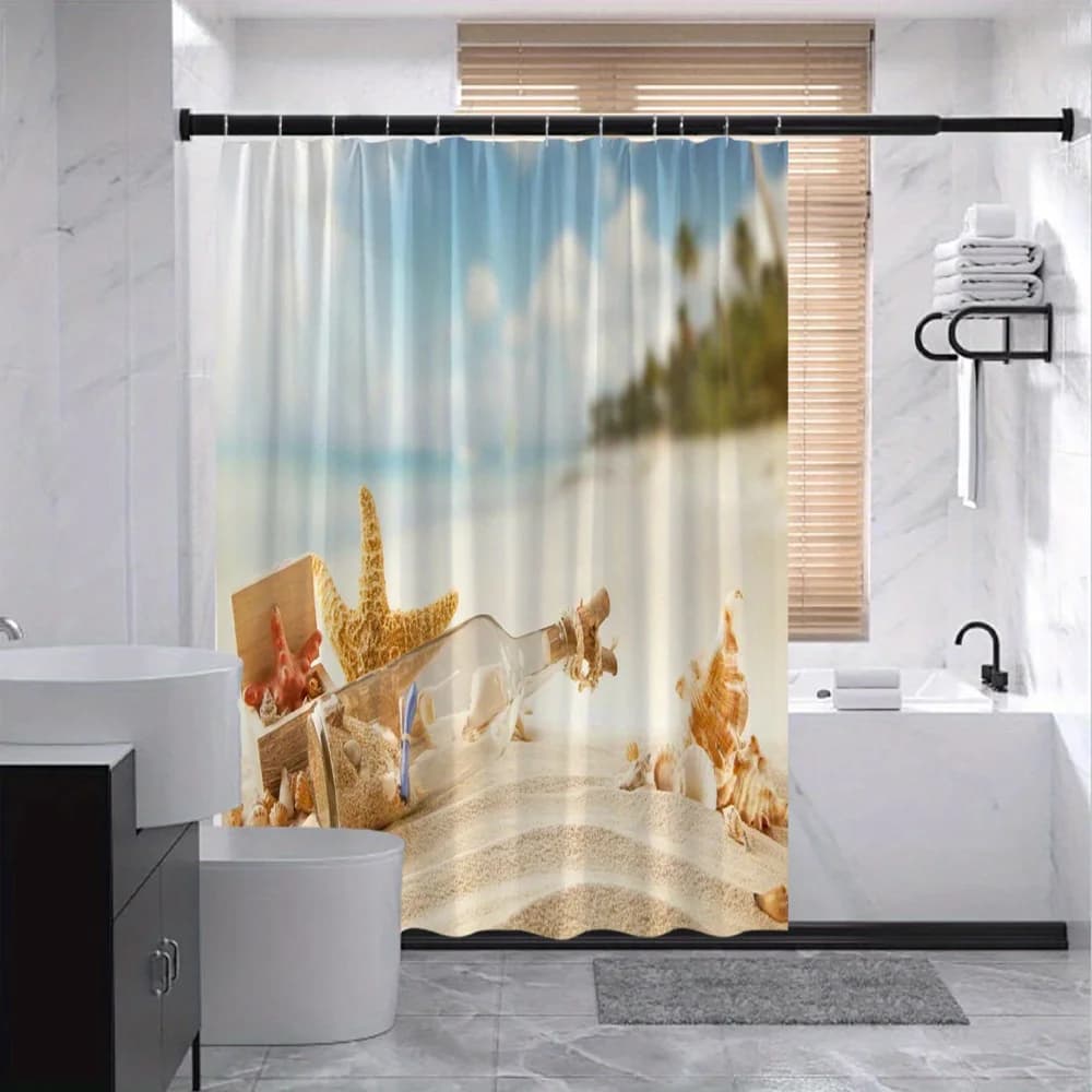 Tenda da doccia con bottiglia da spiaggia, bottiglia di vetro trasparente con design fotografico di stelle marine e conchiglie, decorazione per il bagno costiero lavabile in lavatrice