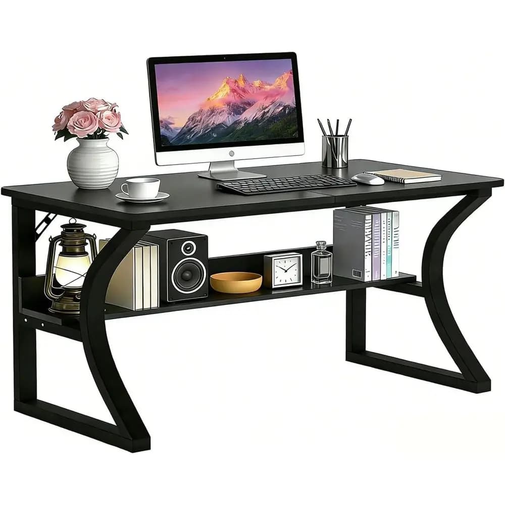 Scrivania per Computer da 47'' con Gestione Cavi e Spazio di Archiviazione, Struttura in Metallo a U, Piano Impermeabile per Casa, Ufficio, Camera da Letto, Studio, Nera