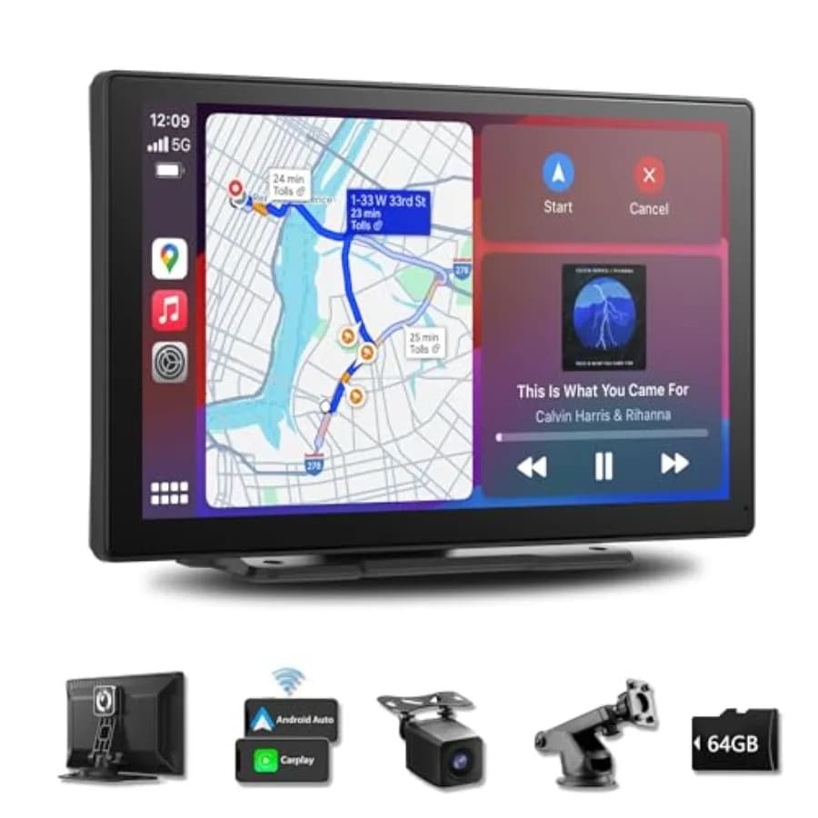 Autoradio portatile con touchscreen da 9 pollici per Apple CarPlay e Android Auto, dash cam 4K e telecamera posteriore 1080P, navigazione GPS