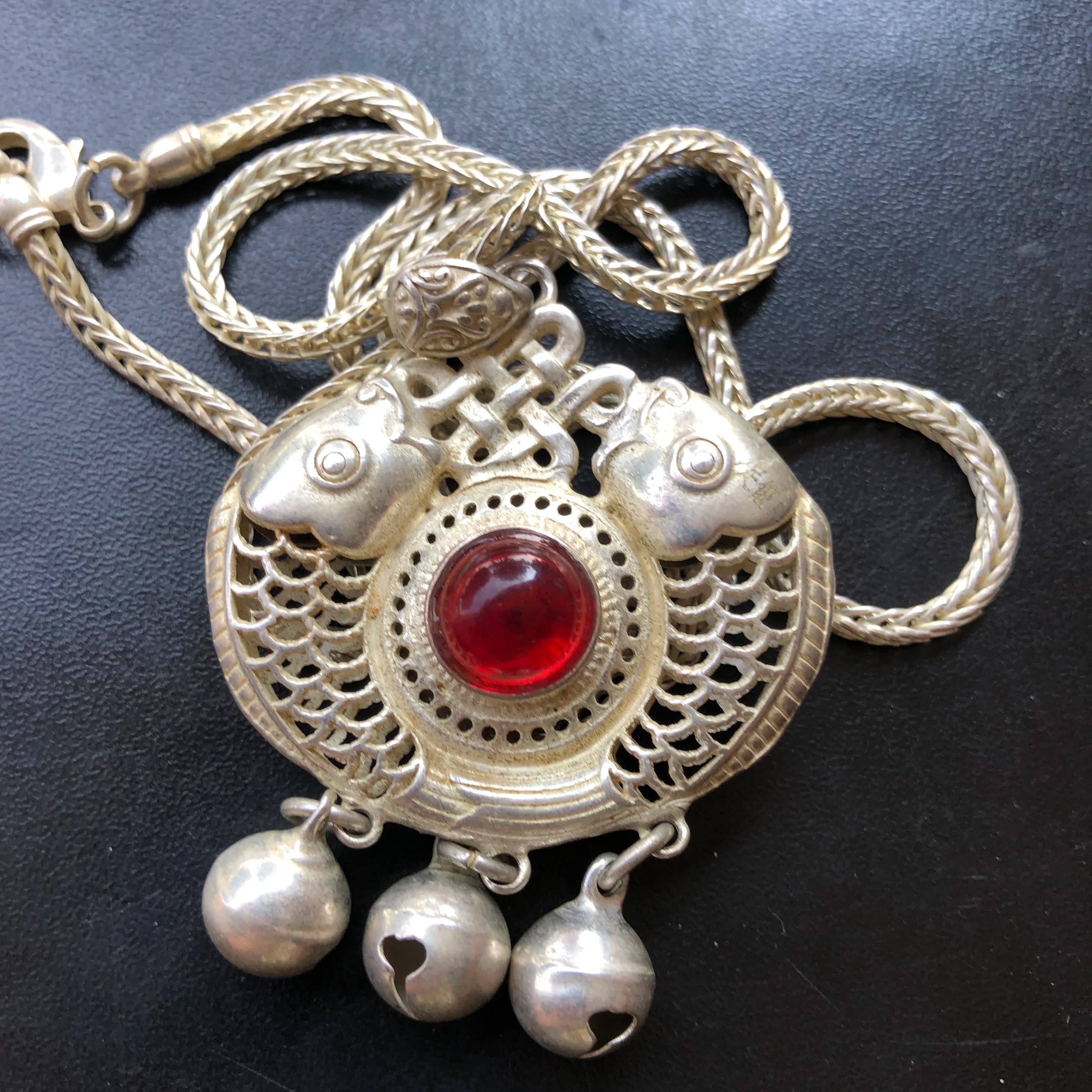 Vintage Tibetan Silver Fish Pendant Necklace Hollow‑out Carved Inlaid Red Gem With Hanging Bells Braided Chain Retro Chinese Eth