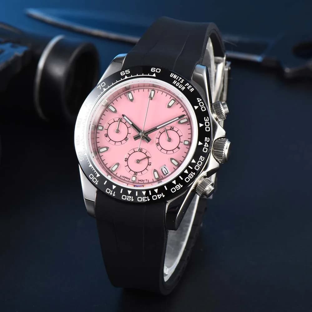 Nuovo Orologio al Quarzo VK63 da Uomo, Cronografo di Lusso con Quadrante Rosa 40mm, Vetro Zaffiro, Cinturino in Gomma, Data, Orologio da Polso Business Casual