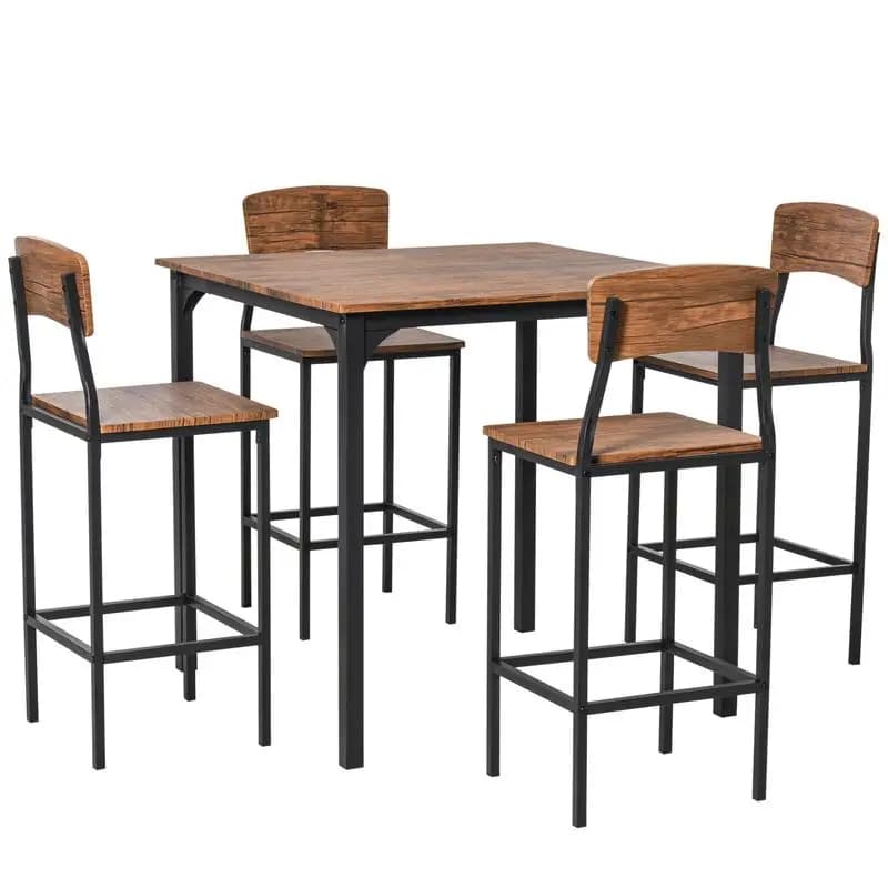 Set tavolo da bar ad altezza bancone per 4, set tavolo da cucina quadrato e sedie con poggiapiedi, gambe in metallo, design industriale, noce