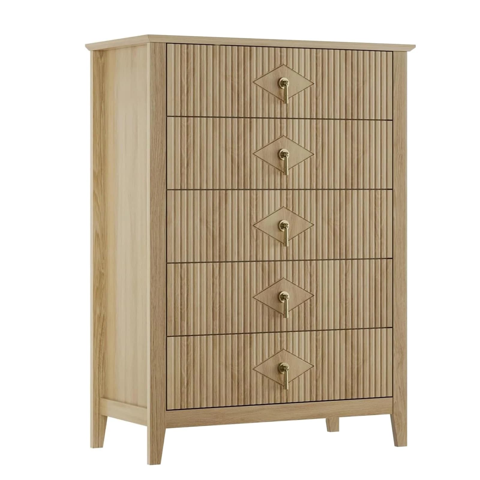 Cassettiera scanalata a 5 cassetti per camera da letto, cassettiera moderna alta 42,9 pollici con manico in metallo, cassettiera in legno per corridoio