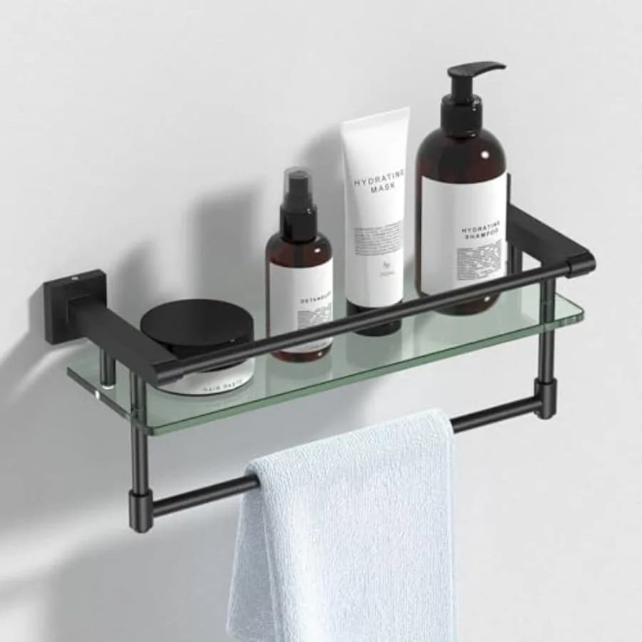 Mensola in Vetro per Bagno 16 Pollici, Scaffali per Bagno con Porta Asciugamani, Mensole in Vetro Temperato con Supporto per Asciugamani in Acciaio Inossidabile