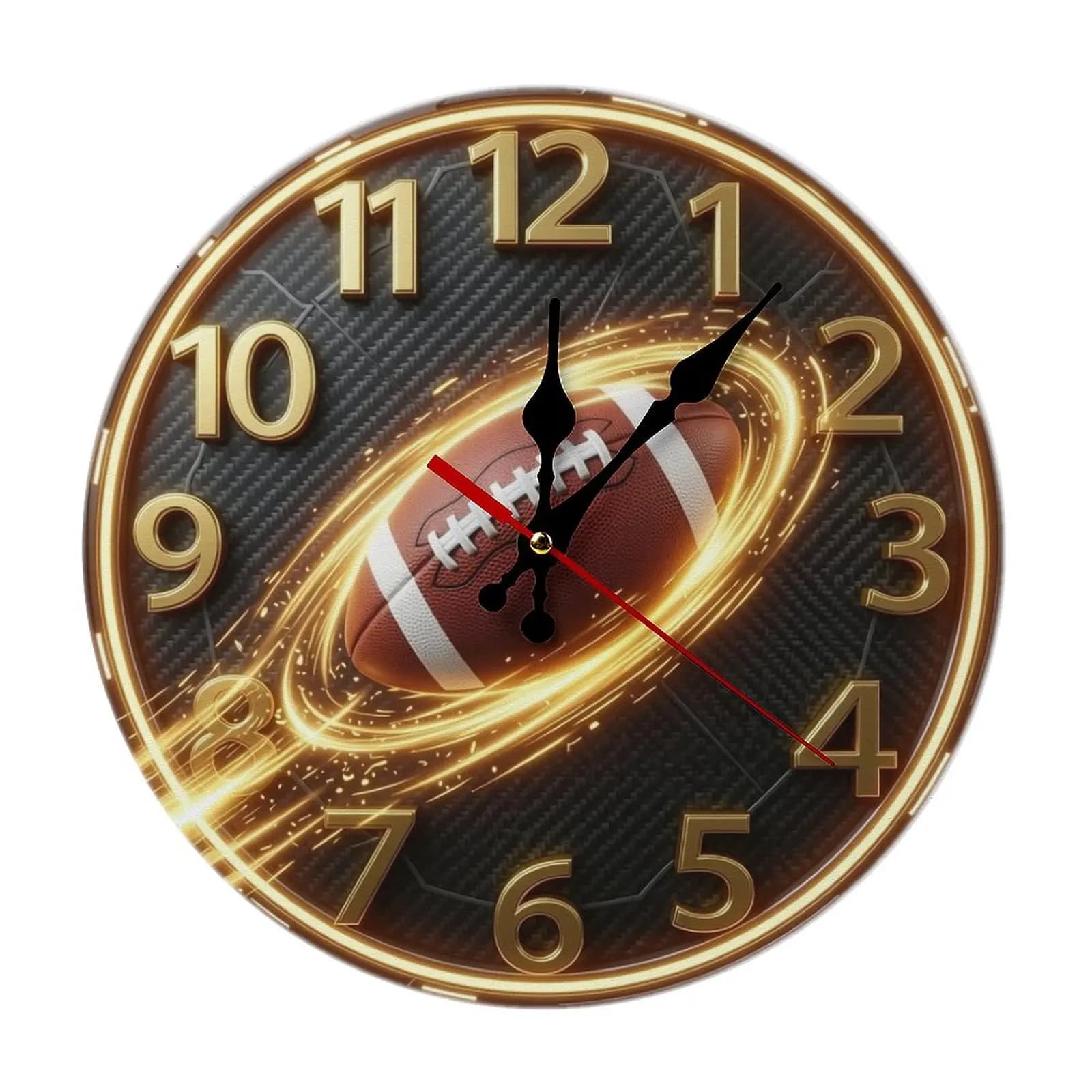 American football wall clock with luminous ring hands and carbon fiber - modern round sports decoration, suitable for game rooms, living rooms - rugby fans timepieces, simple design, 2D flat model