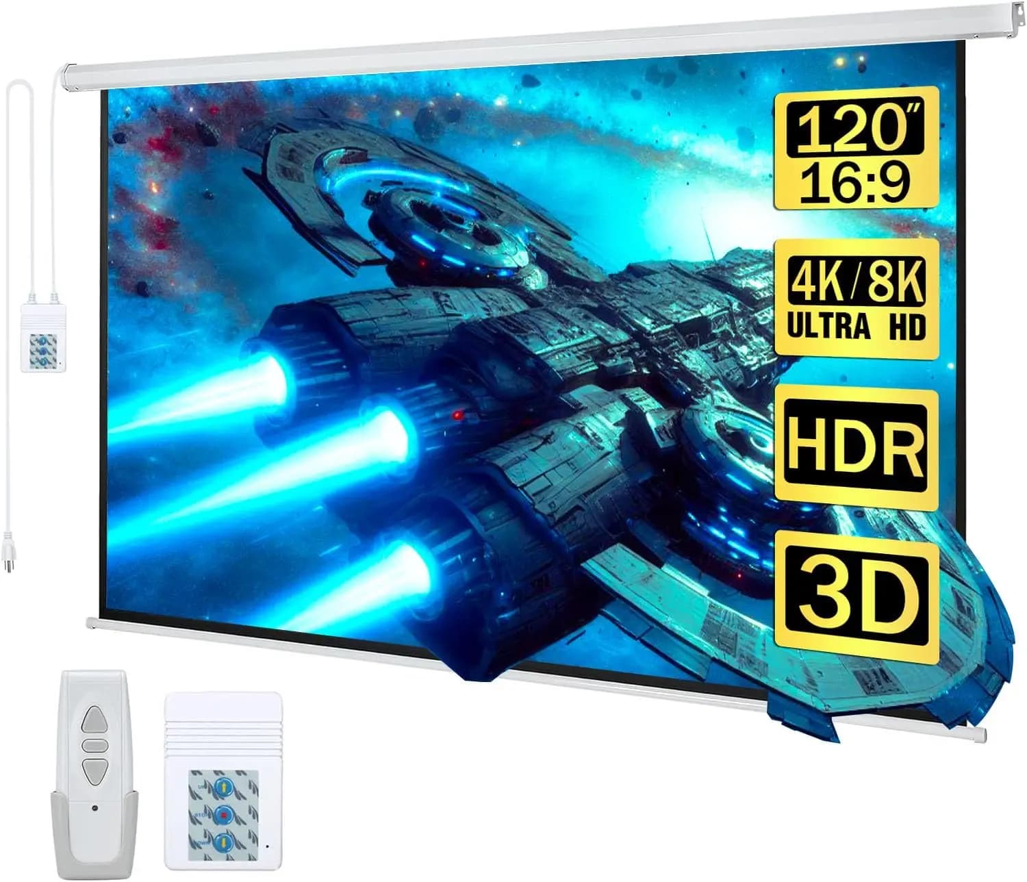 Schermo per Proiettore Motorizzato 120" Elettrico Automatico HD 16:9 per Home Theater e Presentazioni, Uso Interno ed Esterno con Telecomando Wireless