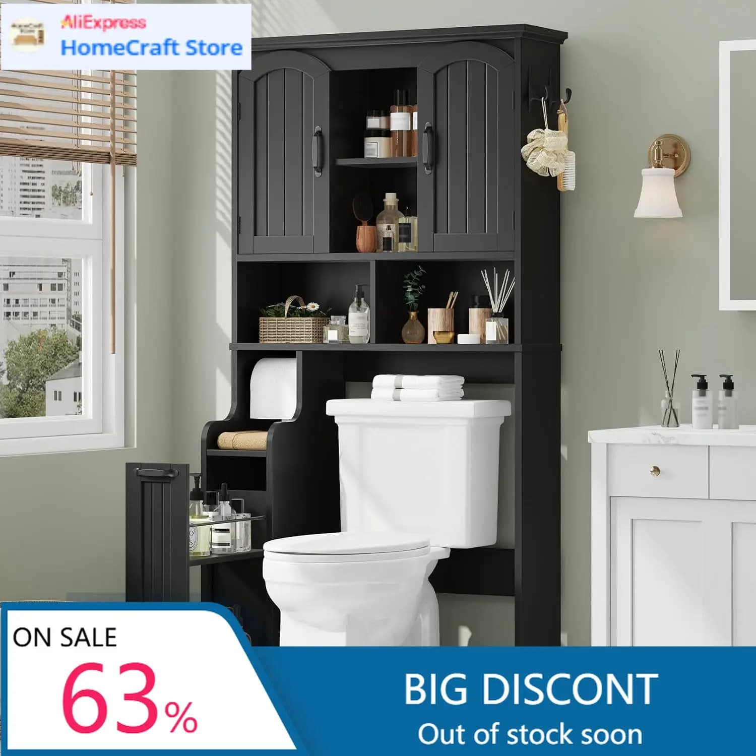 Mobiletto portaoggetti da bagno nero con porta ad arco, scaffale organizer, porta carta igienica con ruote salvaspazio per la casa