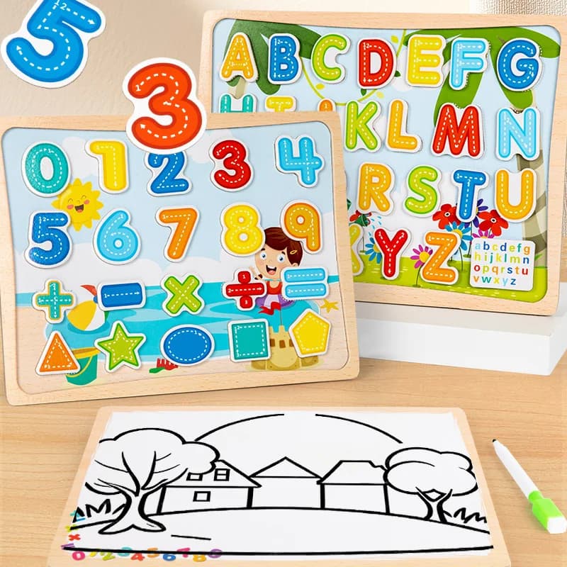 Lavagna puzzle magnetica 2 in 1: con puzzle magnetici e una tagliere per scarabocchi per aiutare i bambini imparano e coinvolgono in un disegno creativo
