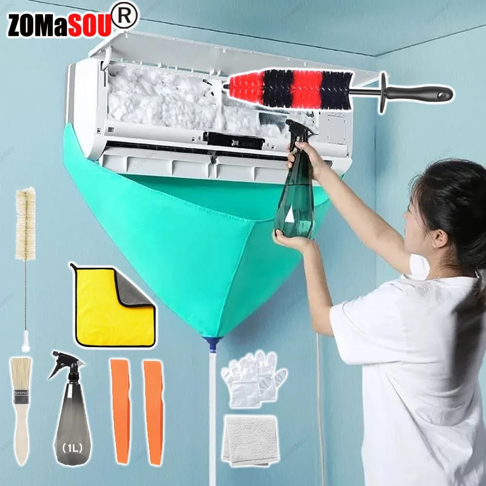 Kit di pulizia dell'aria condizionata Copertura a prova di perdite Set completo di detergente per condizionatore d'aria con tubo dell'acqua Strumenti puliti senza smontaggio