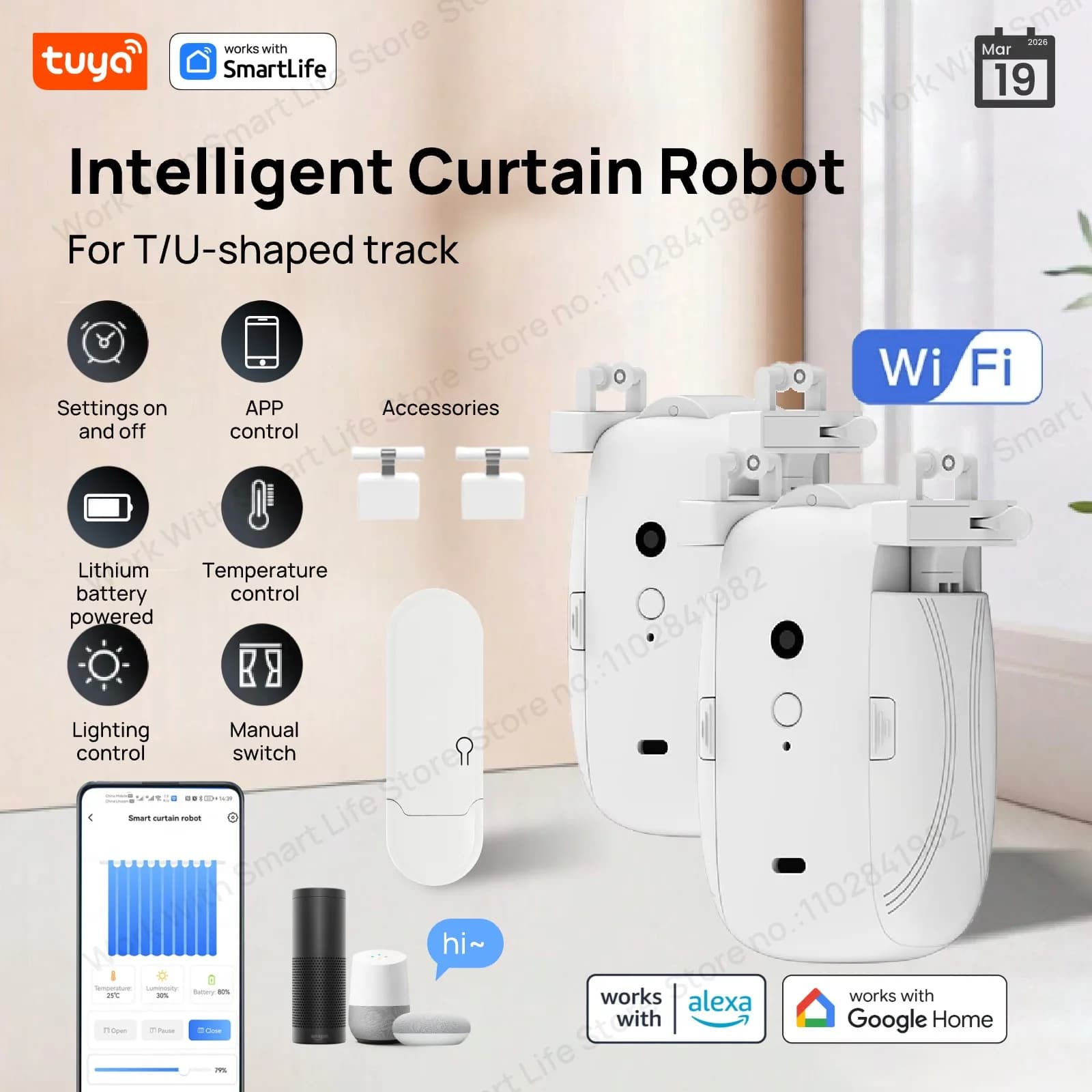 Tuya Smart Wi-Fi Robot per tende T&U Rail con app remota per gateway e controllo vocale (Alexa/Google) 10M Track 8KG Doppio aperto