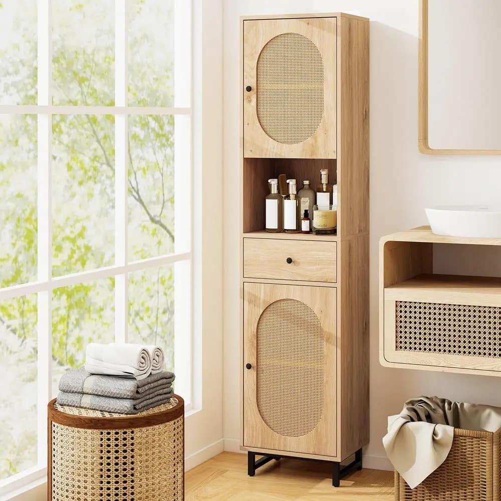 Bathroom cabinet, High cabinet and 67 Inch Strait, Boho Style Organizer with Ante, Adjustable shelves and Drawer, Natural wood