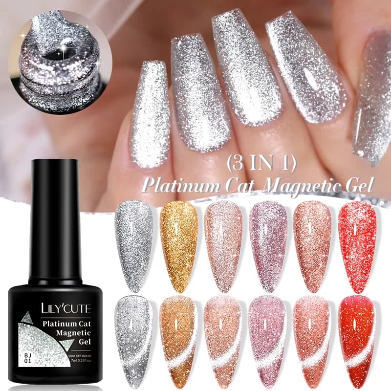 LILYCUTE 7ML 3 IN 1 Platinum Cat Gel magnetico Smalto per unghie Argento Moonlight Magnetico per unghie Scintillante Glitter Gel UV semipermanente
