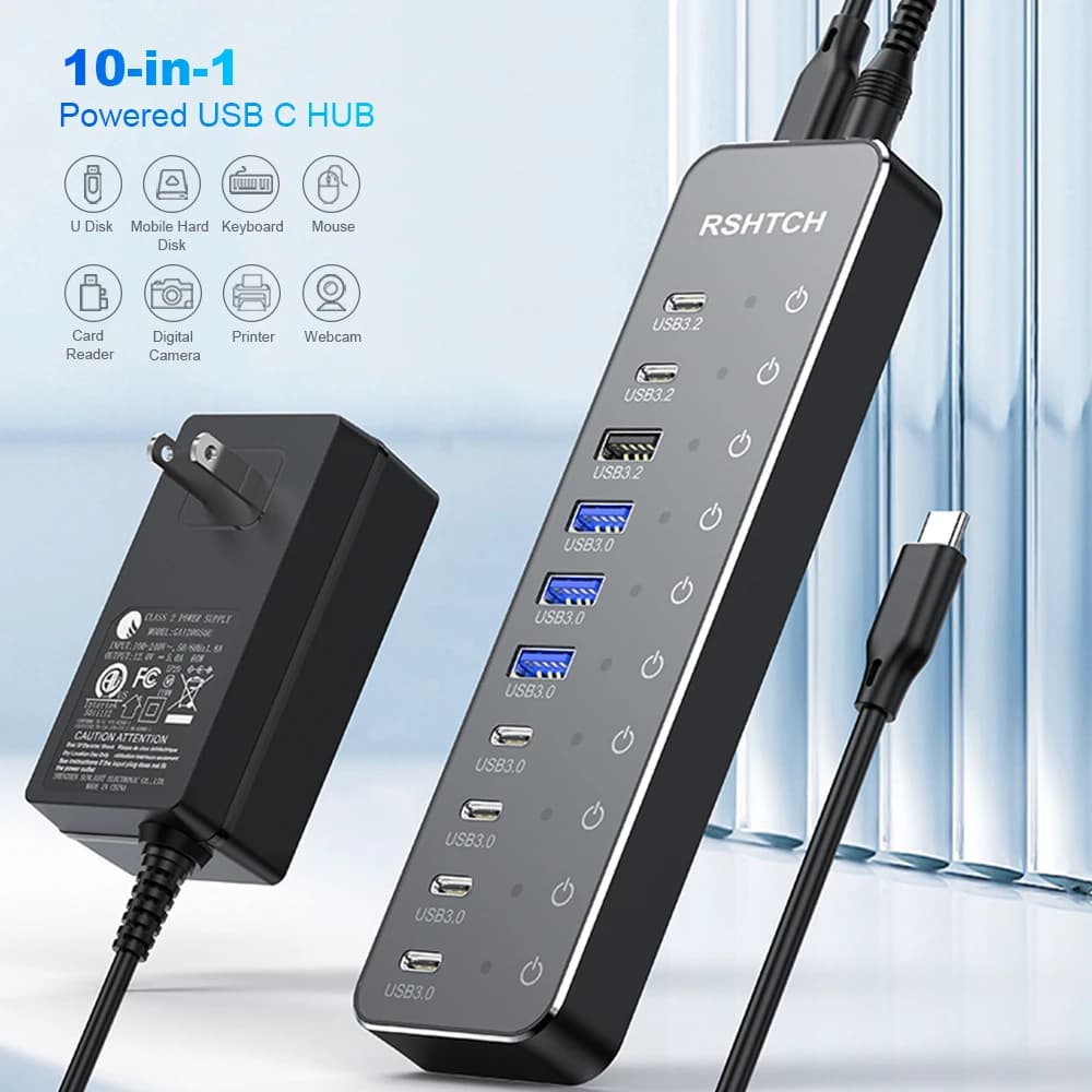 RSHTECH Hub USB C 10 in 1 USB-C da 10 Gbps con interruttori tattili individuali Docking station splitter multiporta per laptop MacBook PC