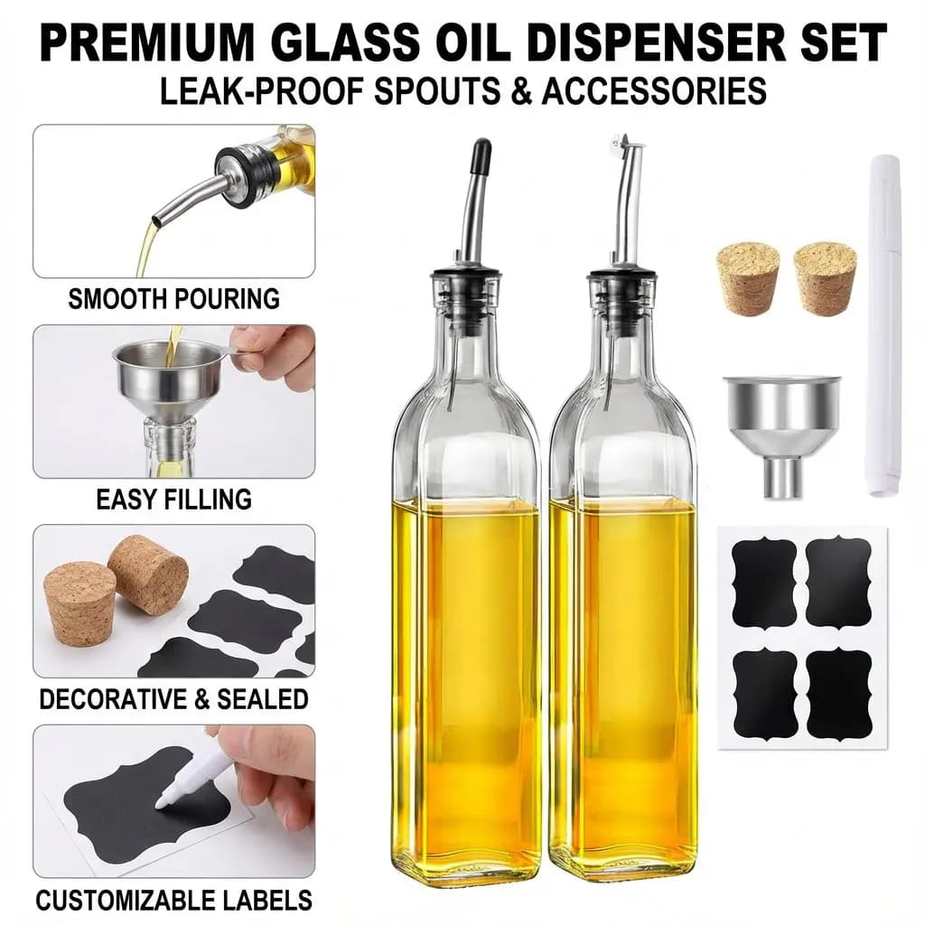 Dispenser per Olio in Vetro Trasparente da 500ml, Bottiglia Antigoccia per Olio d'Oliva, Aceto e Salsa di Soia, Contenitore per Casa, Cucina e Ristorante