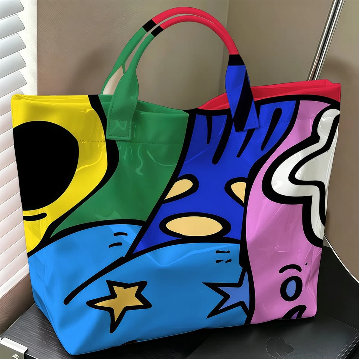 Graffiti Art Stylish Large Glossy PVC Tote Bag Washable Waterproof Durable Ideal for Travel Commute Cosmetics Books Handbags