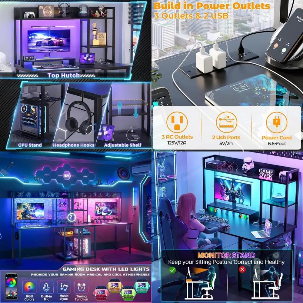 Gaming Desk Lighted LED with Current Grips, 5 Shelves, Monitor Support, Ideal for Restrooms