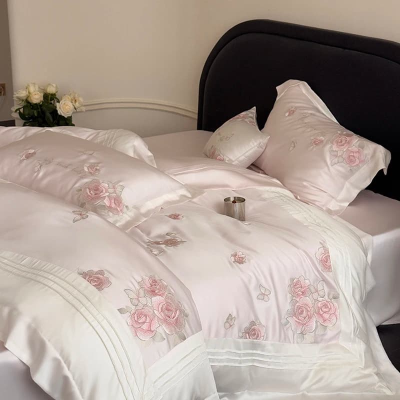800TC Lyocell Morbido setoso sensazione di freschezza Set biancheria da letto Fiore ricamo Principessa Copripiumino Lenzuolo/Lenzuolo con angoli Federe 4 pezzi