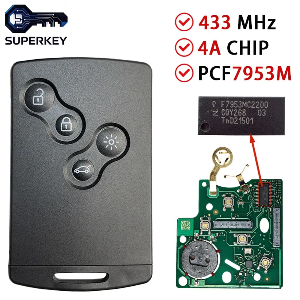 SUPERKEY OEM PCF7953M 4A Chip 433 MHz Keyless Smart Car Key Card OEM PCB For Renault Clio IV Captur 2009-2017 P/N:285971998R