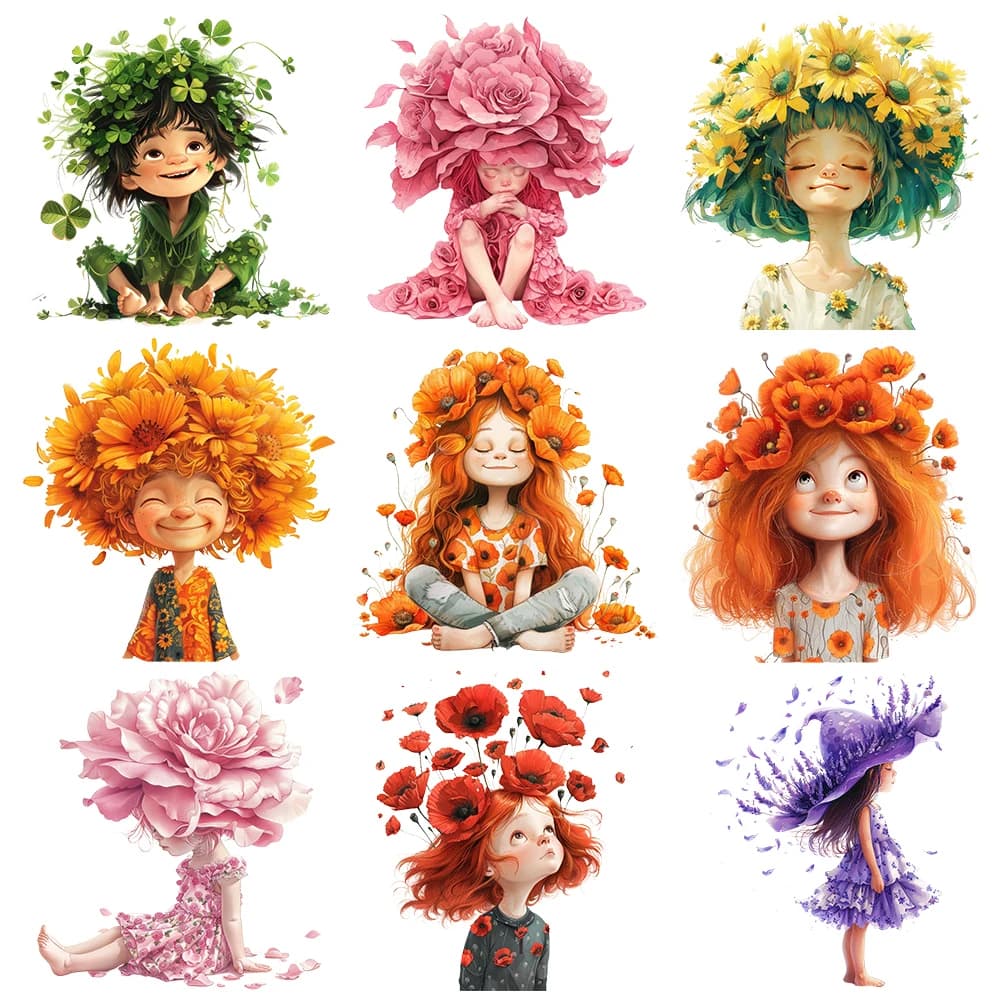 Adesivo per trasferimento di calore termoadesivo da 15 cm Spirito creativo di Flower Girl Boy per vestiti Decalcomania per t-shirt lavabile termica in vinile dipinto
