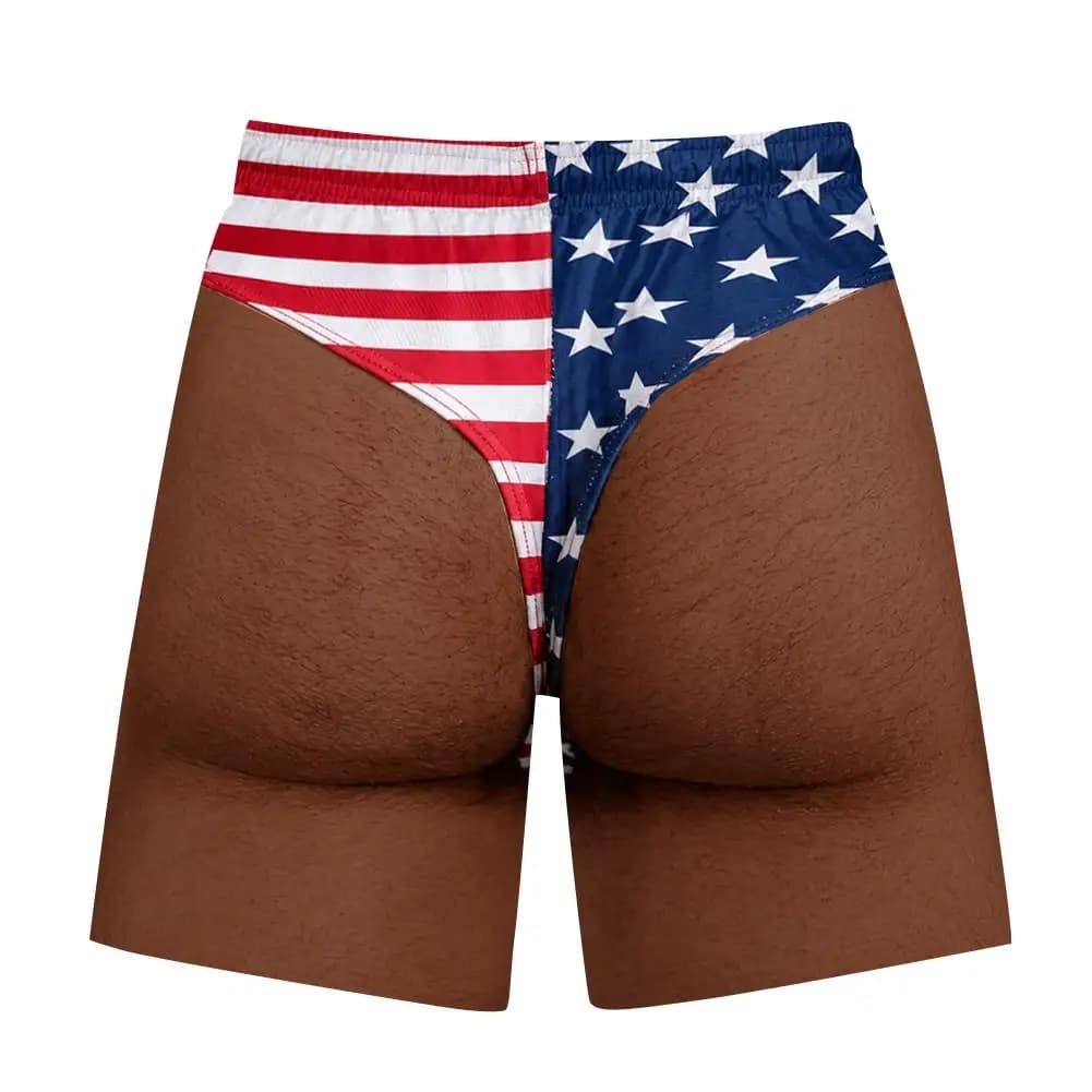 Fun American Flag Fake Underwear 3D Beach Shorts Creative Leg Pattern Swimming Pants Men's Summer Pool Party Funny Gift 1pcs