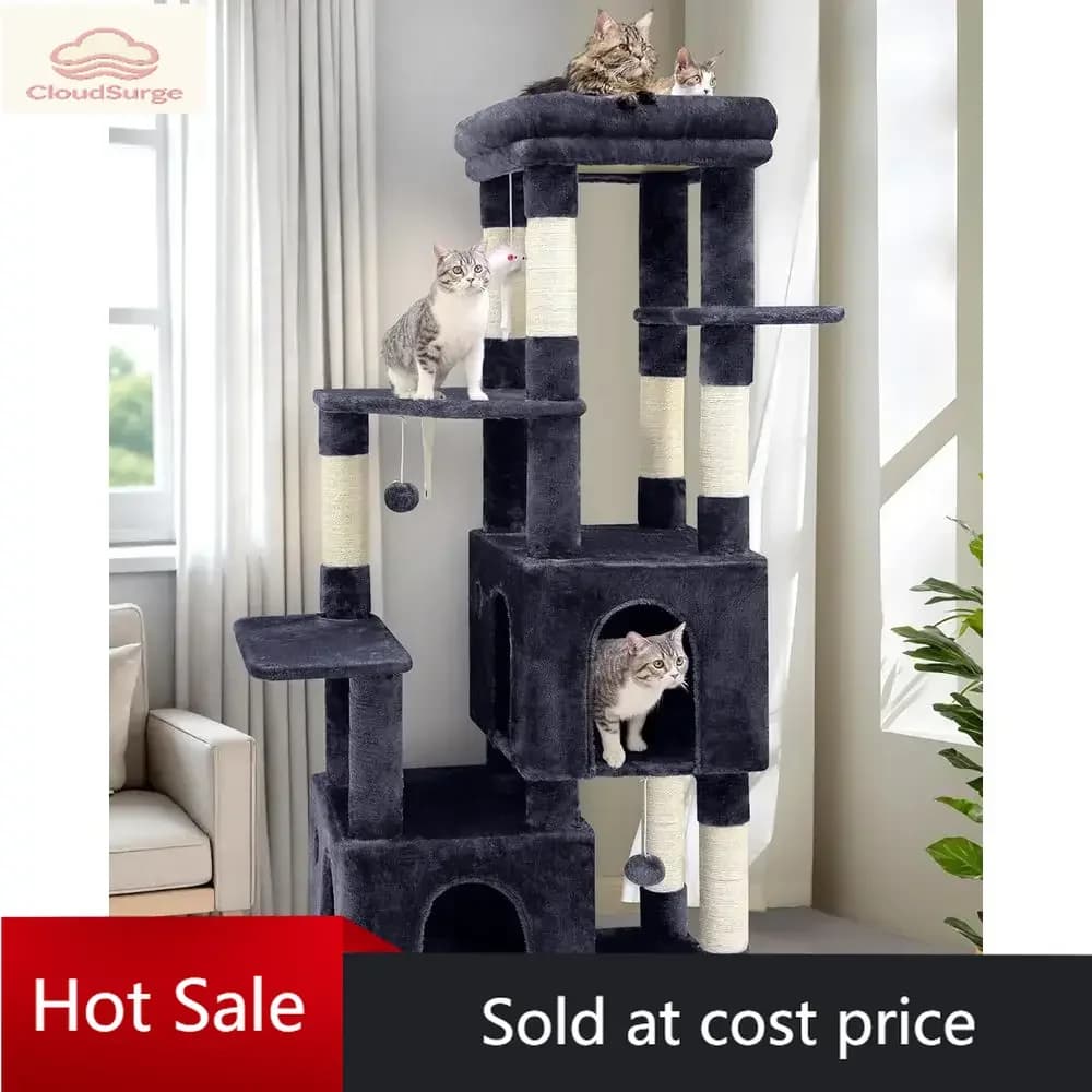 Promozione a tempo limitato: Robusto e ampio albero per gatti con torre, piantana alta e livelli multipli, 61