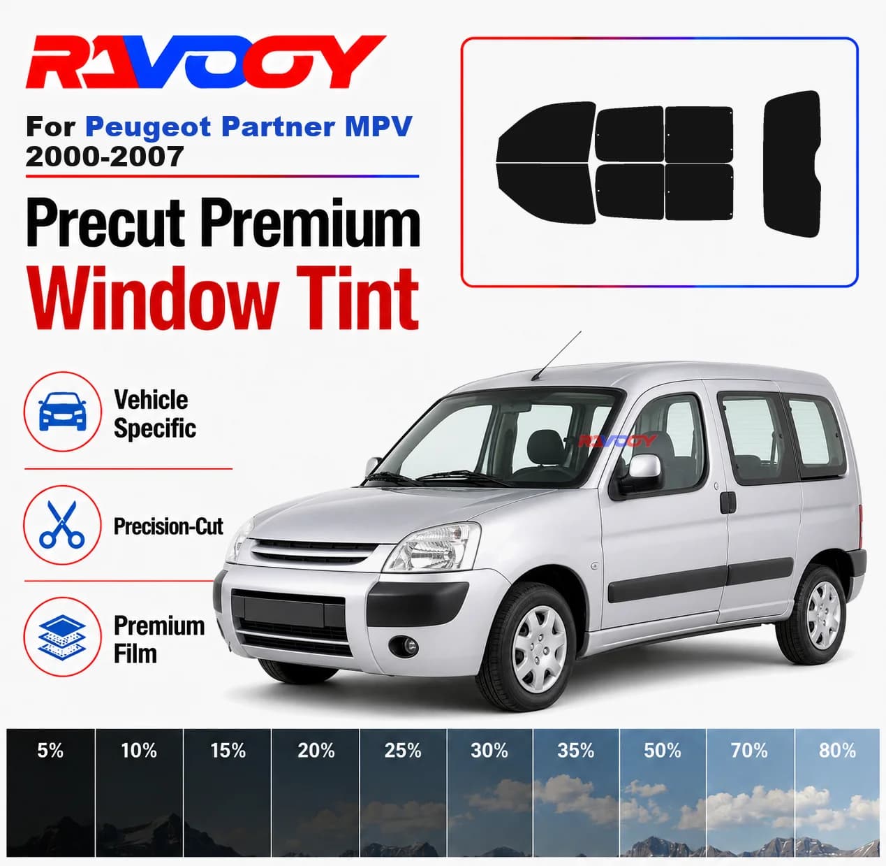 Premium Precut Window Tint Kit Front Rear Windows Rear Windshield For Peugeot Partner MPV 2000-2007 Car Solar Nano Ceramic Film